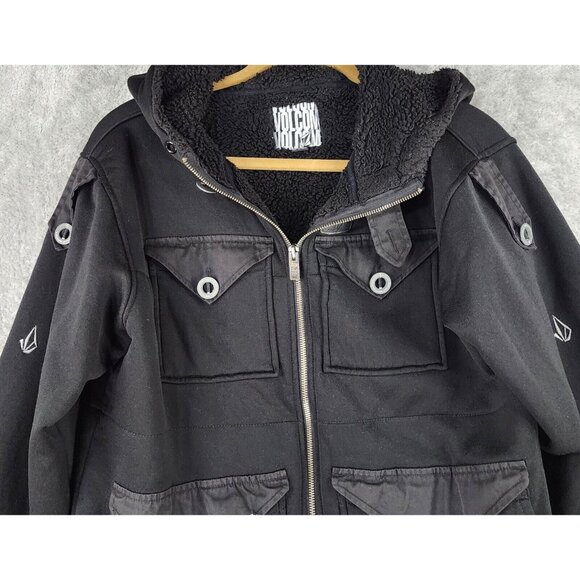 Volcom Jacket Mens Small Black Sherpa Lined Full Zip Hooded Long Sleeve Coat - Picture 7 of 12